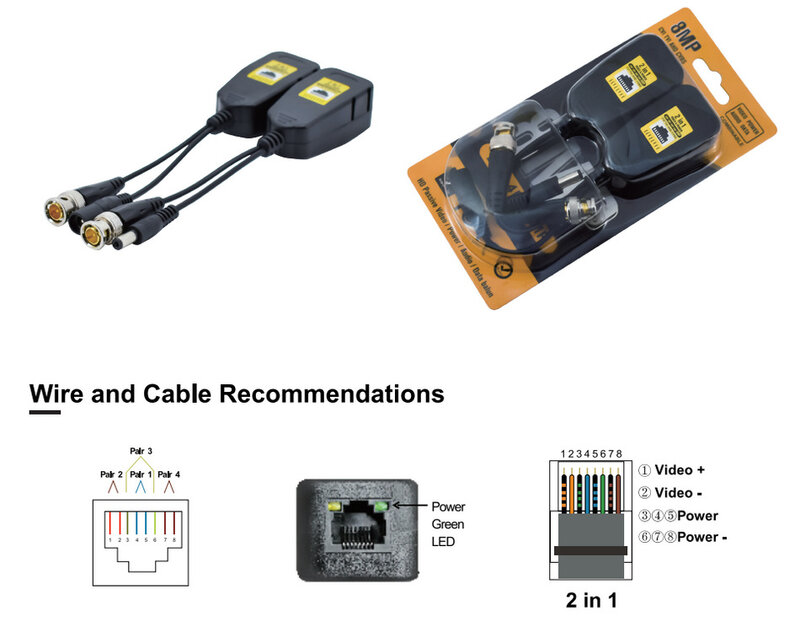 Potencia de vídeo pasiva BNC a RJ45, transceptor Balun de Audio para cámara CCTV de 8MP, CVBS, AHD, CVI, TVI, UTP, Balun, 1 par