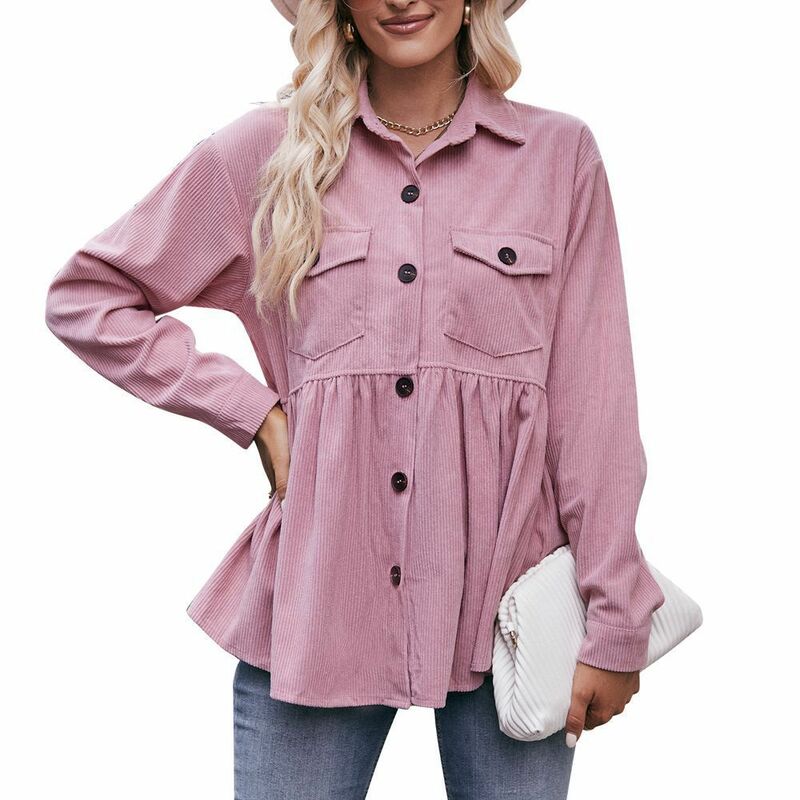 Women Loose Fit Blouse Corduroy Long Sleeve Shirt Plain Solid Color Tops With Pocket Flap Pocket Drop Shoulder Peplum Hem Blouse