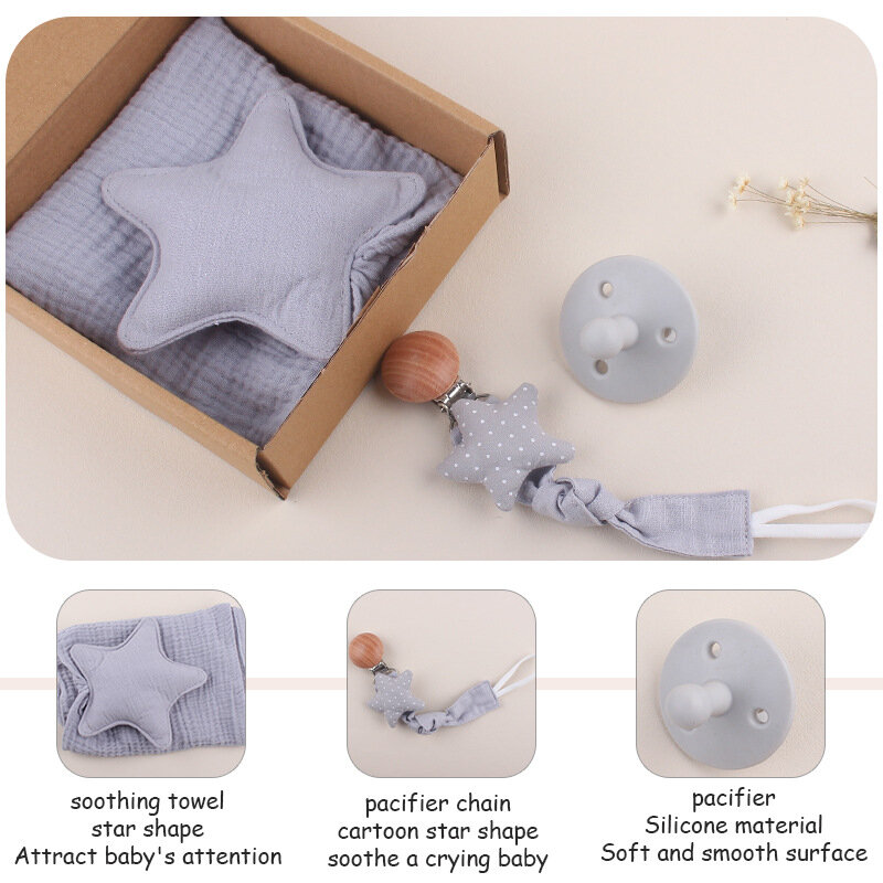 Manta de muselina de algodón para bebé, Juego de 3 piezas, soporte para chupete para recién nacido, cadena y pezones, mordedor de silicona, Juguetes