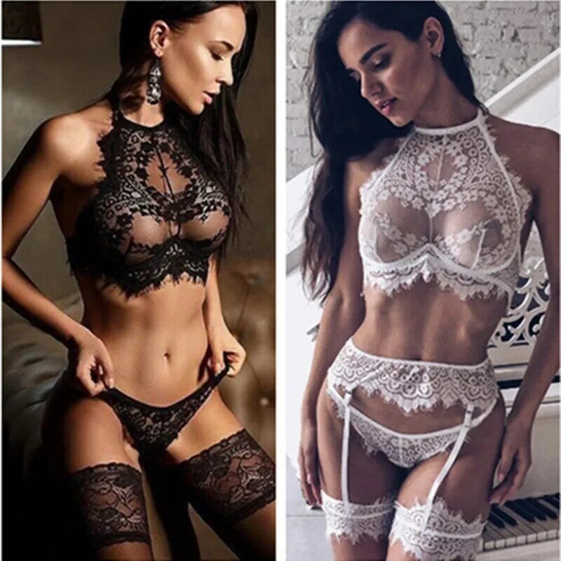 Sexy See Through Lingerie Set Erotic Lace Hollow Underwear Porno Temptation Bikini Bra Nightwear Flirt Clothes for Women