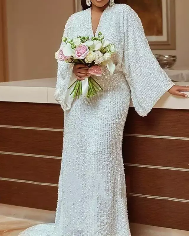 2024 белое Африканское свадебное платье с блестками для женщин, весенние африканские вечерние платья макси с длинным рукавом и V-образным вырезом, африканская одежда