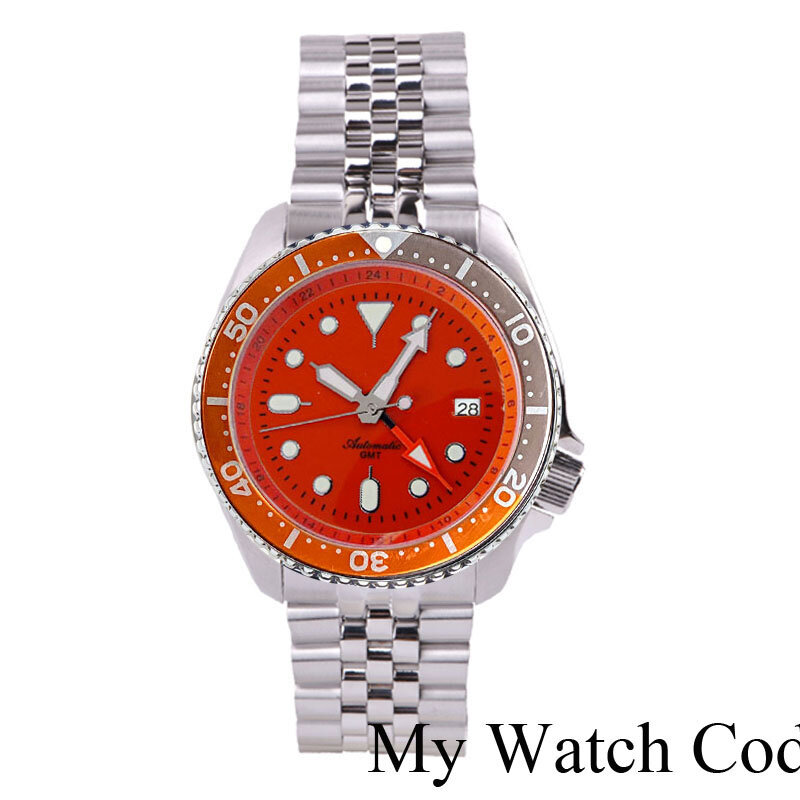 SSKX001 Orange NH34 GMT Dive Steel Mechanical Watches Men NH34 Movt 3.8 Crown 24 Hour Sports Chapter 120clicks Bezel Sapphire