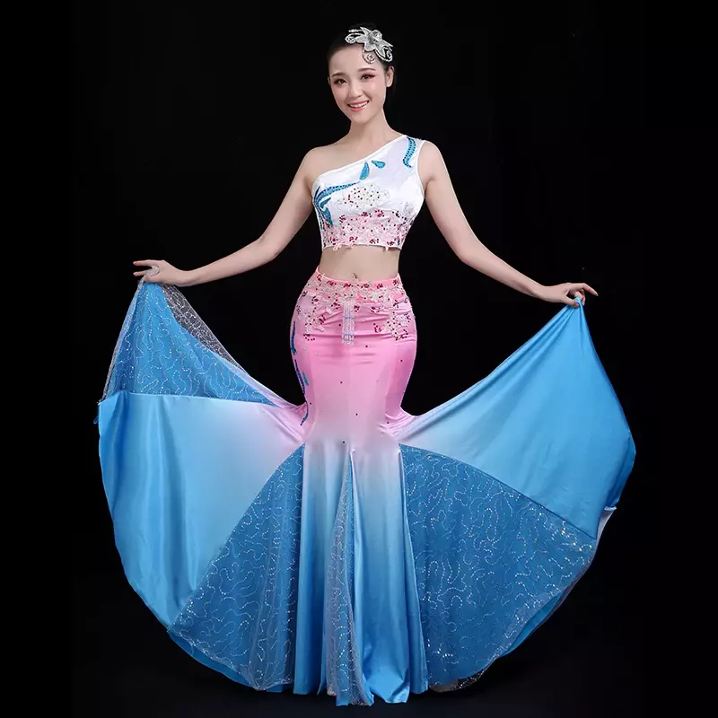 Ropa de baile Dai para adultos e hijos, falda de cola de pez Xishuangbanna, baile de pavo real degradado