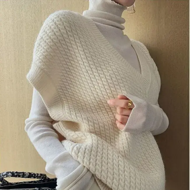Sweater rompi kerah V wanita, atasan Sweater tanpa lengan Retro warna polos, Pullover rajut liar ukuran besar musim gugur/musim dingin