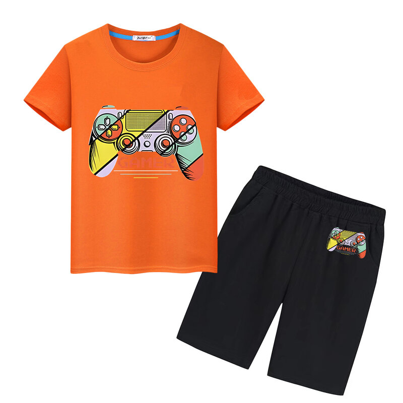 Conjuntos deportivos para niños y niñas, camisetas y pantalones cortos con estampado de gamepad, 100% algodón, ropa bonita, camisetas Kawaii, regalo de vacaciones