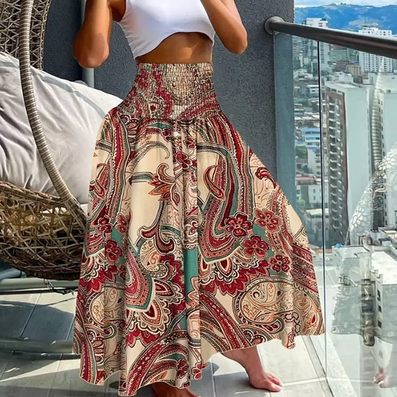 New Women's Bohemian Floral Long Half-body Skirt  Swing Loose Casual Vacation High Waist Beach Skirt Loose Holiday Party Skirts