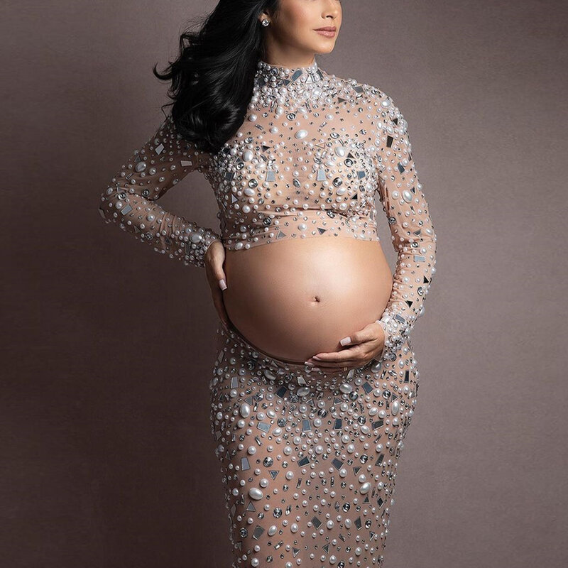Fotografia ciążowa sukienki świecący srebrny Rhinestone elastyczna tkanina długa sukienka seksowna bogini kobieta w ciąży fotografia suknia