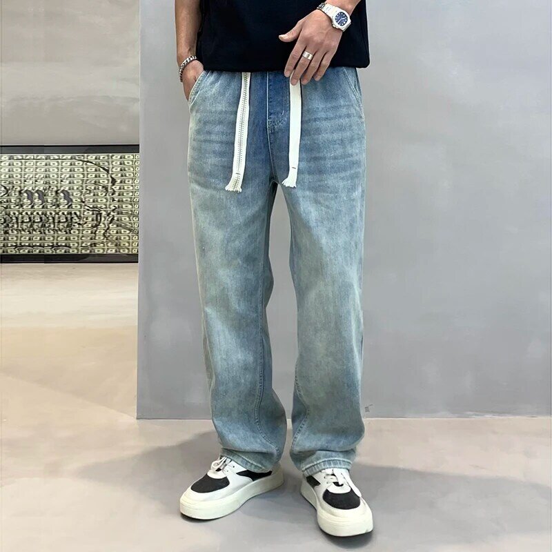 Джинсы мужские с широкими штанинами, свободные прямые модные уличные универсальные Простые повседневные брюки из денима в стиле хип-хоп, весна 2024
