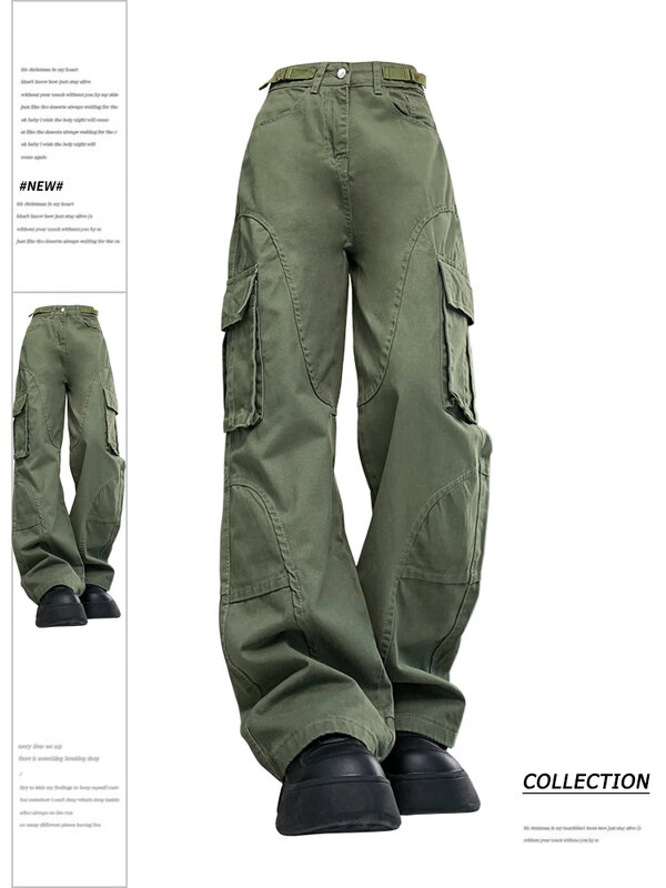 Women's Green Cargo Pants Baggy Harajuku Streetwear Straight Pants Y2k 2000s Parachute Pants Vintage Trousers Clothes Fashion
