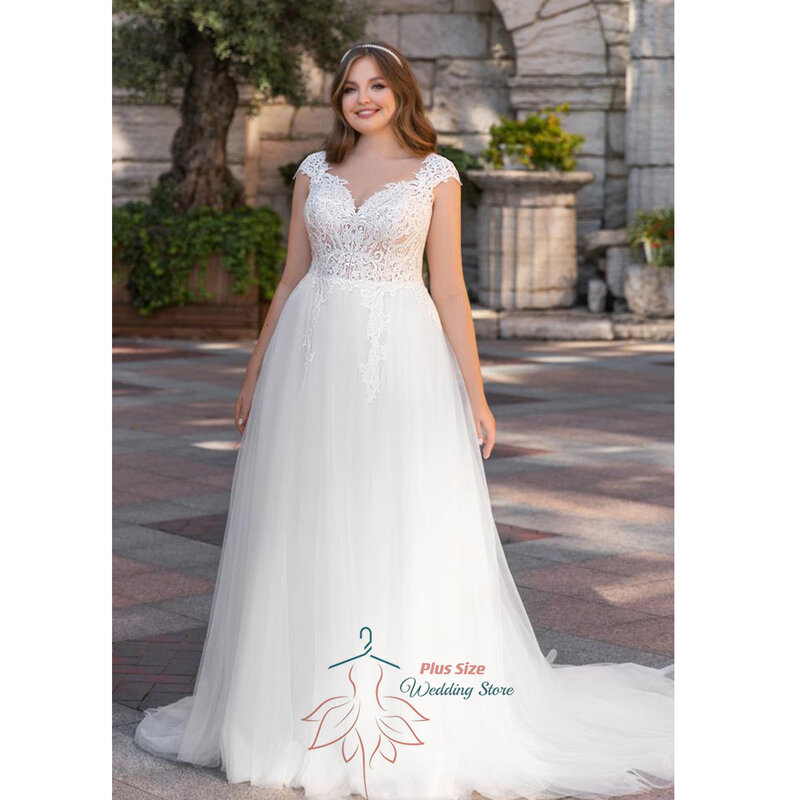Pastrol Wedding Dress For Women V-Neck Cap Sleeves Backless Bride Gown Tulle A-Line Sweep Train Vestido De Noiva Plus Size