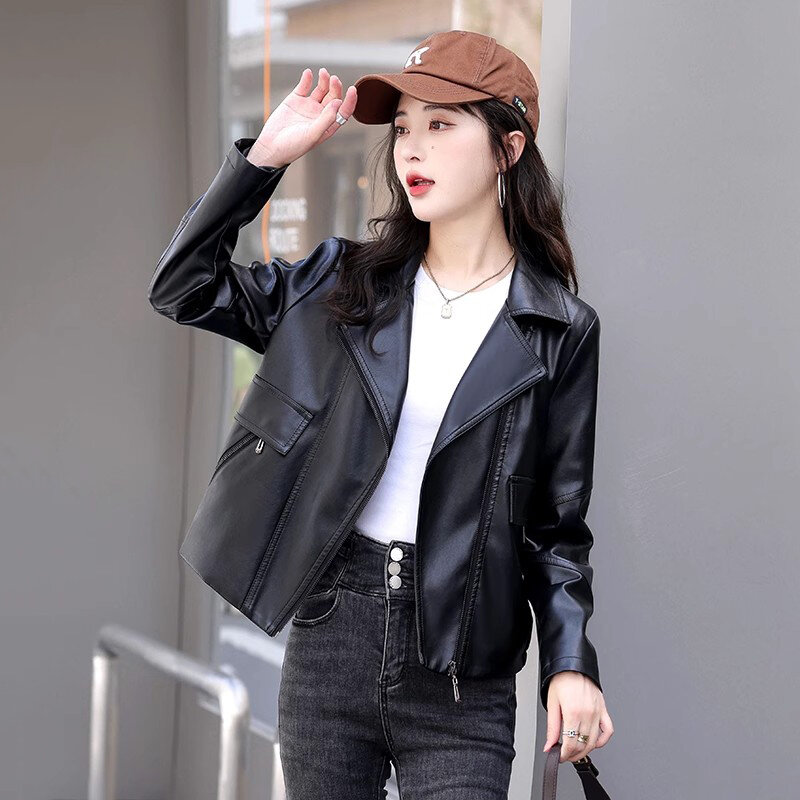 New Women Leather Jacket Spring Autumn Fashion Moto & Biker Style Turn-down Collar Split Leather Casual Loose Short Leather Coat