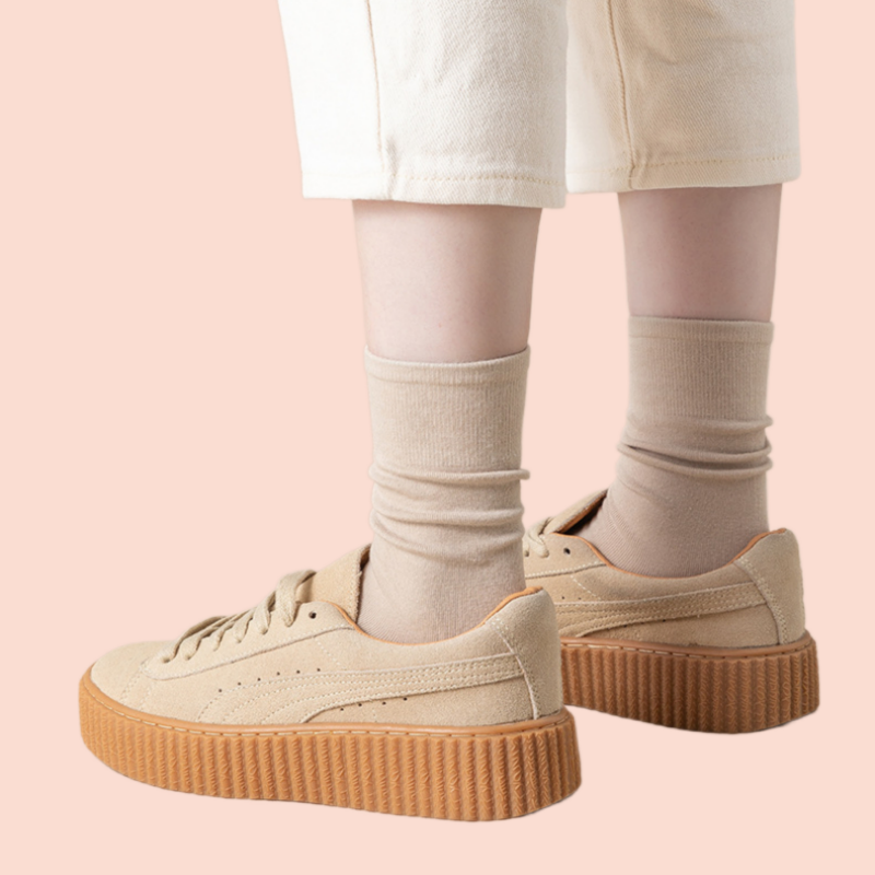 ชุดถุงเท้าผ้าฝ้ายถักยาวปานกลาง5/10คู่ถุงเท้าลำลองสีพื้นนุ่มระบายอากาศได้ดี