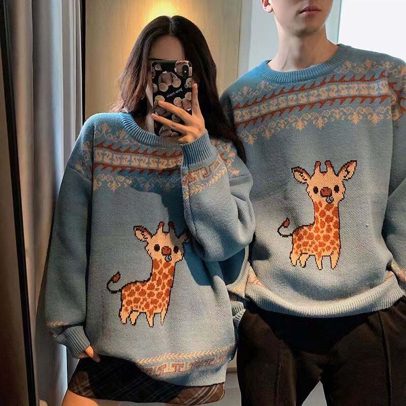 Sweater Pasangan Pria dan Wanita Musim Gugur/Dingin 2022 Kaus Rajut Pullover Kartun Besar Lucu Longgar Baru