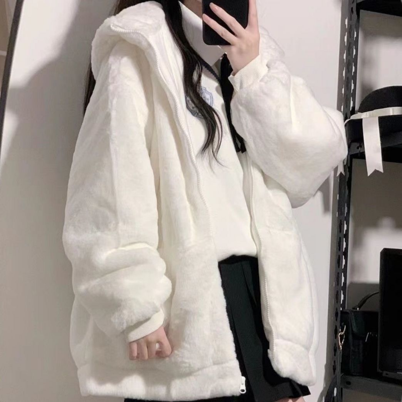 Deeptown Hoodie Ritsleting Wanita Kaus Bulu Domba Tebal Harajuku Telinga Beruang Mantel Putih Ukuran Besar Pakaian Luar Musim Dingin Lembut Lucu Baru