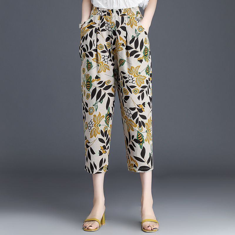 2024 New Fashion Printing Women's Clothing Elastic Waist Straight Summer Casual Trousers Ladies Beach Vintage Calf-Length Pants