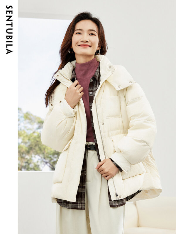 Sentubila jaket bertudung untuk wanita, jaket hangat bertudung klasik tebal tahan angin musim dingin 2023, mantel bulu angsa longgar modis