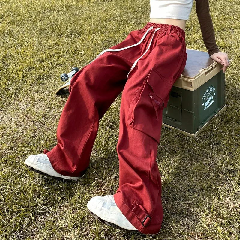 Amerykański Retro spodnie z szerokimi nogawkami wiosna/lato czerwone luźno dopasowane spodnie robocze męskie i damskie proste spodnie na co dzień