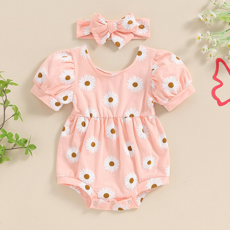 2024-04-05 lioraitiin 0-18M Baby Girls Summer Rompers Infant Short Puff Sleeve O Neck Floral Romper with Headband