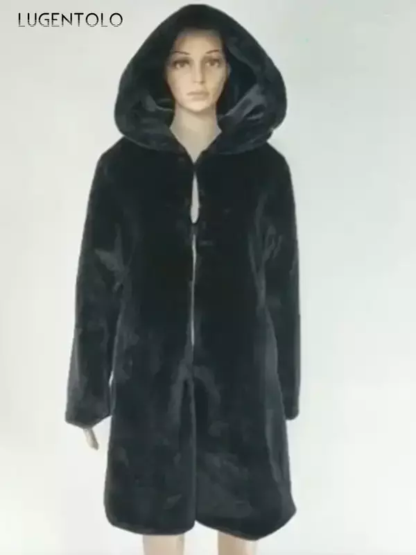 Casaco preto de pele sintética feminino, moda streetwear inverno, tamanho grande, jaqueta solta com capuz, casaco grosso quente, pano elegante