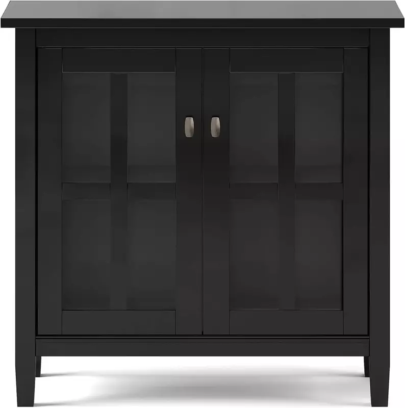 SOLID WOOD 32 Inch Wide Transitional Low Storage Cabinet in Black, with 2 Adjustable Shelves, Tempered Glass Door