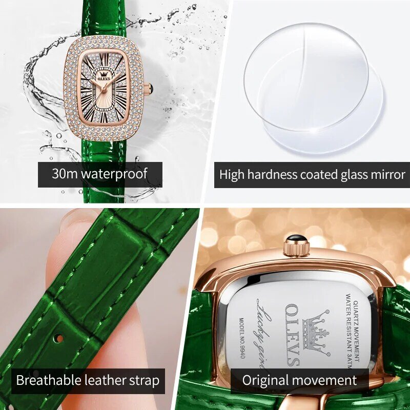 OLEVS-Relógio de pulso feminino respirável, senhoras elegantes relógios, pulseira de couro, strass, marca de luxo, resistência à água, 30m