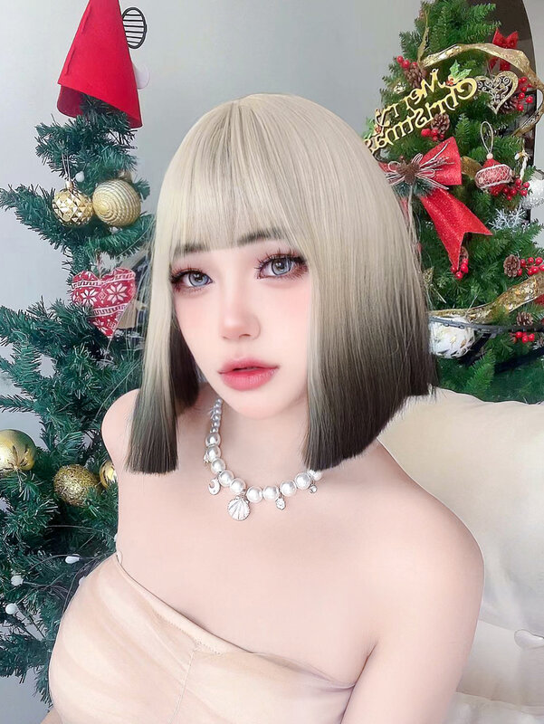 12Inch Lolita Black Blonde Synthetic Wigs With Bangs Medium Natural Straight Hair Wig for Women Daily Use Cosplay Heat Resistant
