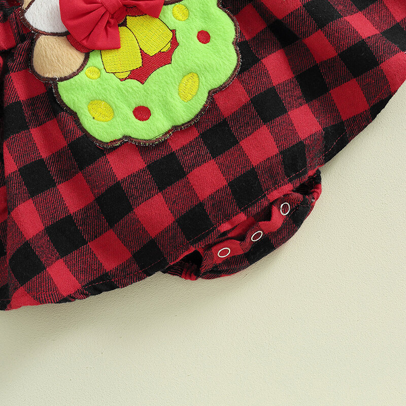 VISgogo 2 sztuki dziewczynki strój bożonarodzeniowy nadruk w szkocką kratę jelenia rękaw z falbankami Romper sukienka kokardka zestaw opasek na świąteczne ubrania dla niemowląt