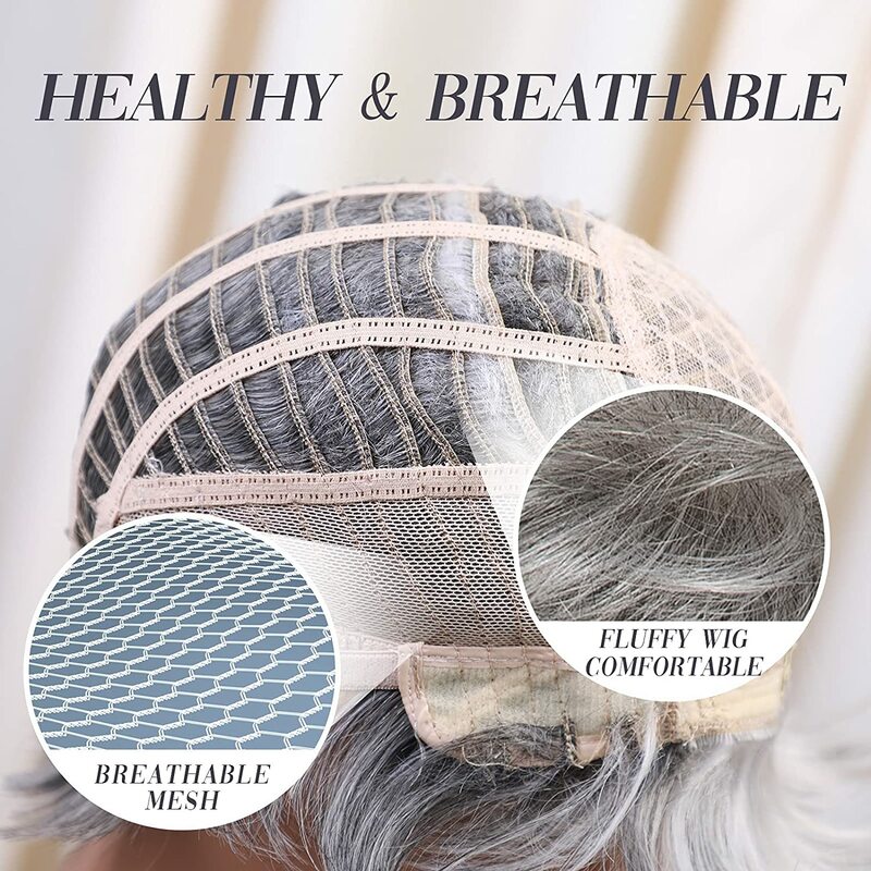 Perruque Pixie courte grise avec frange pour femmes, postiche synthétique mixte avec cheveux naturels haute température