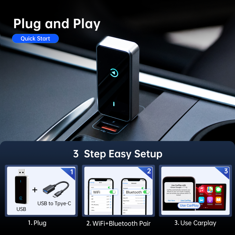 Drivtorch-Adaptateur Carplay sans fil USB, Mini boîte à dongle de voiture, Plug and Play direct, Adaptateur Carplay sans fil pour Apple, IOS, iPhone