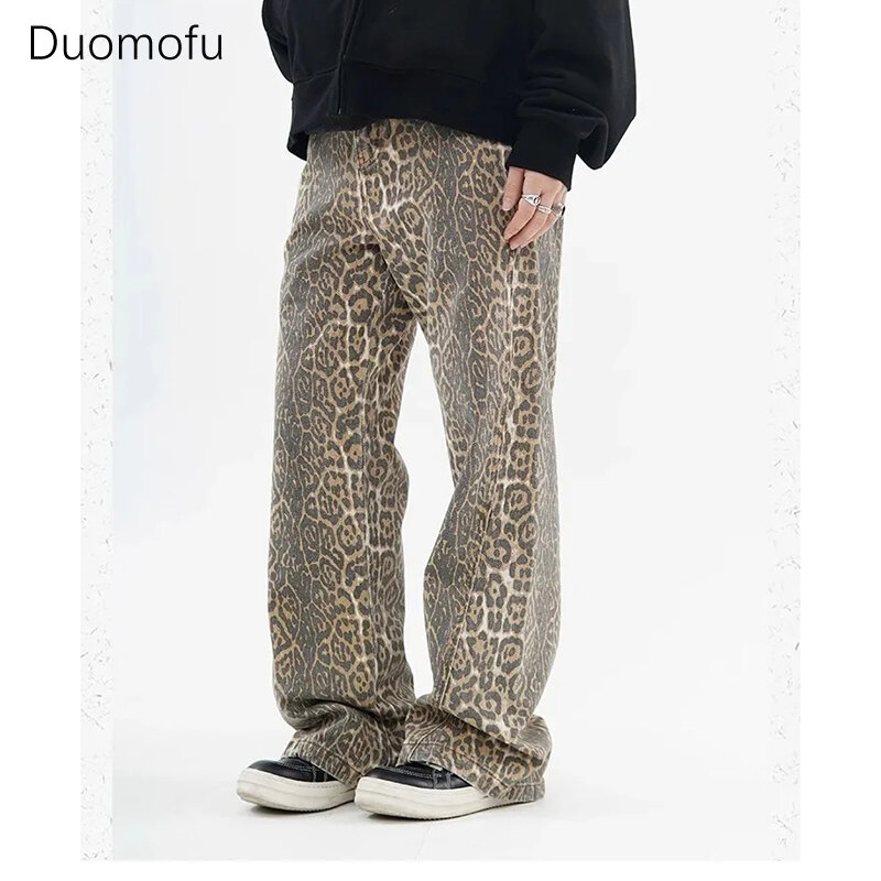 Джинсы Duomofu женские с леопардовым принтом, винтажные повседневные брюки с широкими штанинами, в стиле оверсайз, с завышенной талией, джинсовые штаны в стиле Пантеры, Y2K