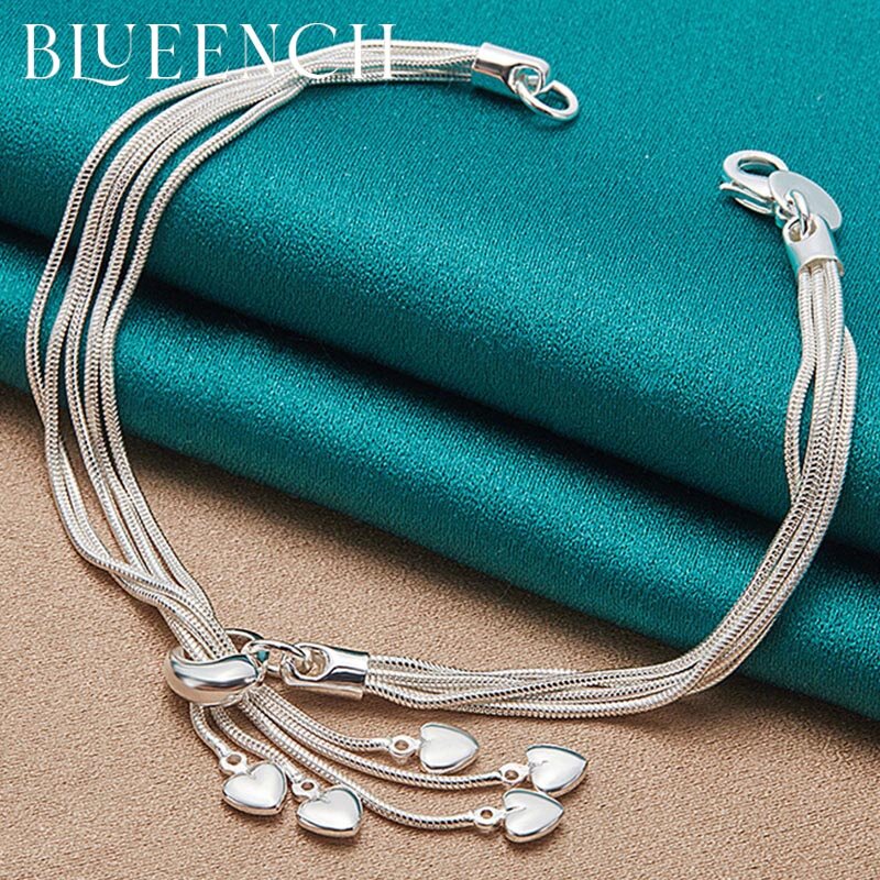 Blueench Gelang Hati Tassel Multi Lingkaran Perak Murni 925 untuk Perhiasan Mode Pesta Wanita