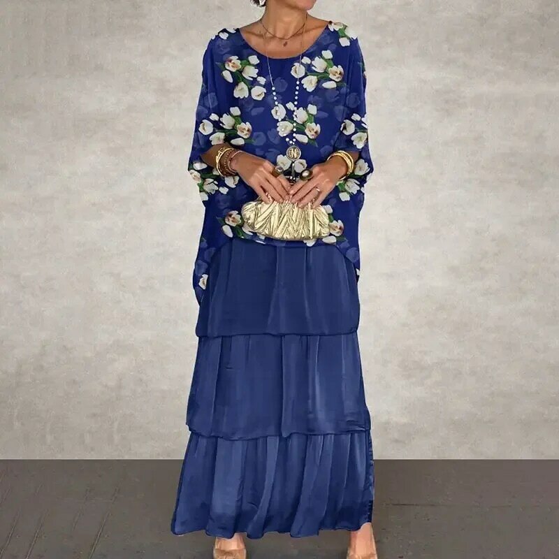 Elegante conjunto de vestido de gasa con estampado Floral para mujer, con cuello redondo de murciélago Top de manga, Jersey holgado, 2 piezas, primavera y verano