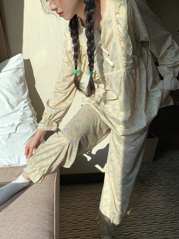 일본 용수철 달콤한 꽃무늬 홈웨어, 세트 학생 패션, 귀여운 스타일, 편안한 루즈핏 잠옷, 여성 외출, 산뜻한 시크