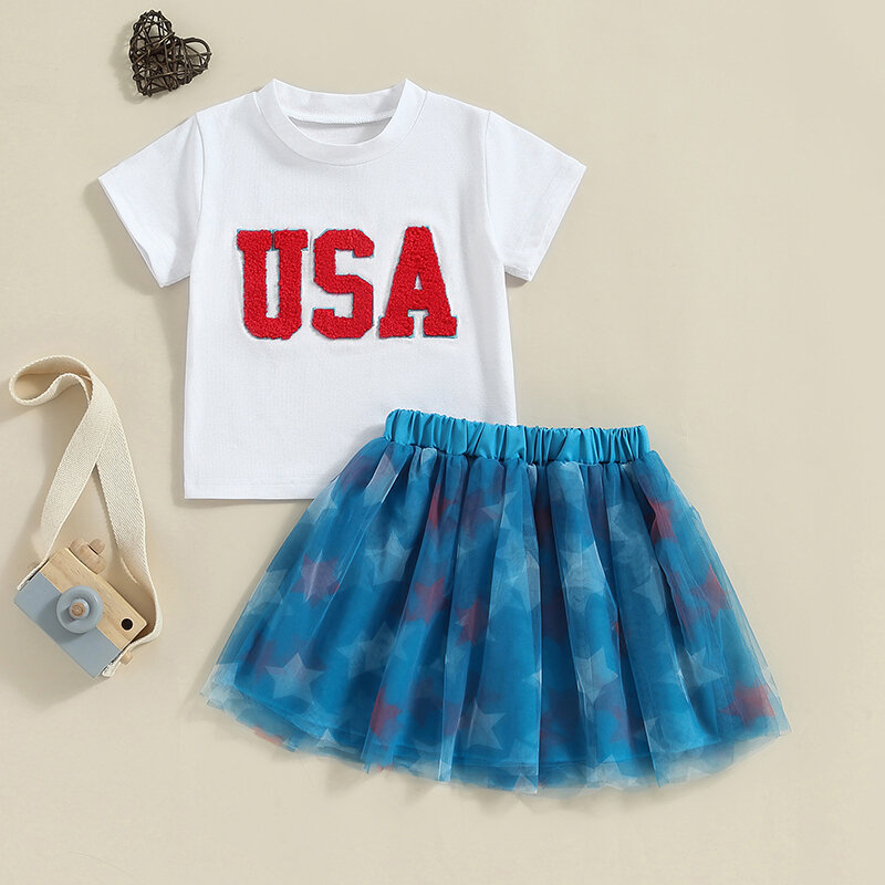 2024-03-27 lioraitiin Детская летняя футболка для девочек с вышивкой 4 июля с буквами и звездами, комплект с тюлевой юбкой