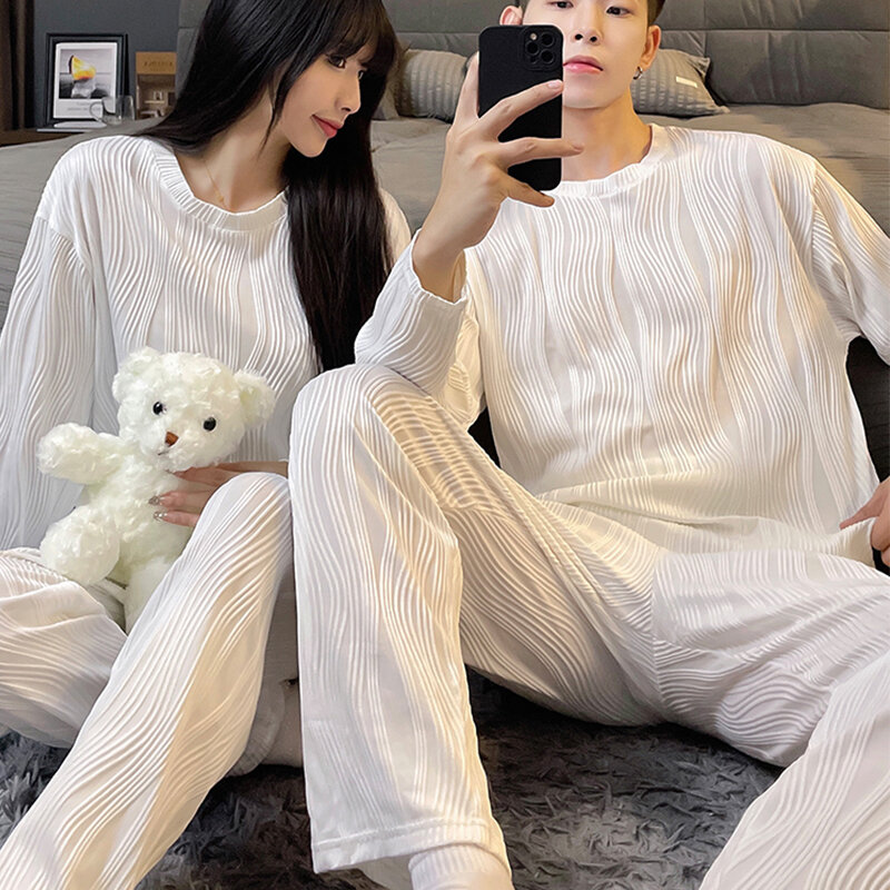 3d Texture Drape Solid Couple Set Long Sleeve Tops Pants Man And Woman Sleepwear Cotton Spring Autumn White Black Lover Clothing