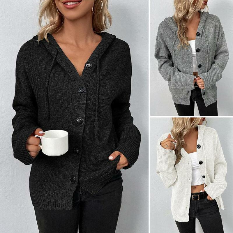 Cárdigan de punto de manga larga para mujer, chaqueta de un solo pecho, suelta, cálida, con capucha y cordón, suéter de otoño
