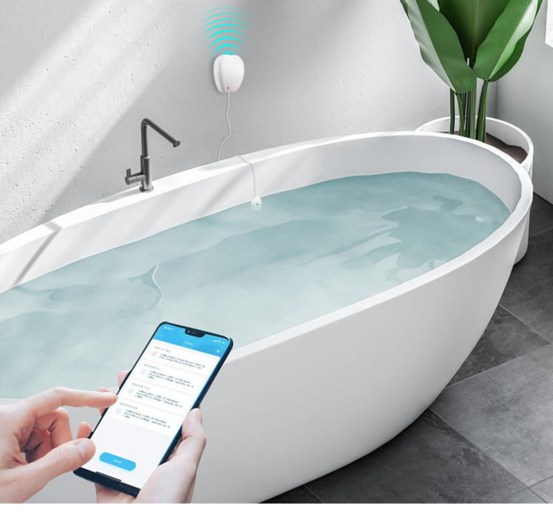 WiFi Tuya Smart Home Detektor Banjir Keamanan Aplikasi Putih Alarm Pemantau Banjir Kebocoran Air untuk Dapur Kamar Mandi
