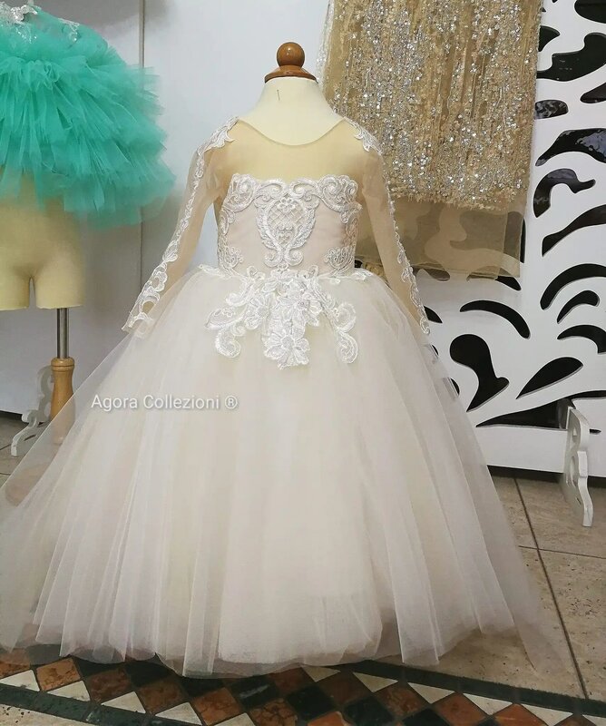 FATAPAESE-Vestido de renda princesa vintage para meninas, vestido de noite para crianças, vestido de casamento infantil, vestido de baile Maxi, vestido de noite