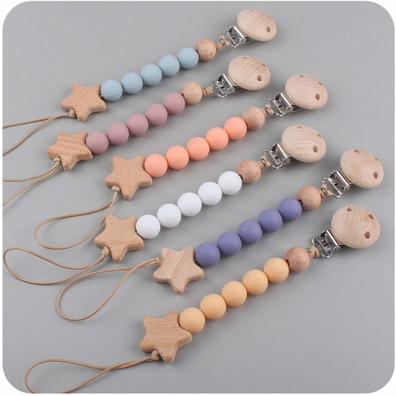 Wood Pacifier Holder Clips Star Dummy Clips Baby Pacifier Chain Soother Holder Nipple Holder Clips Baby Teether Toys Straps