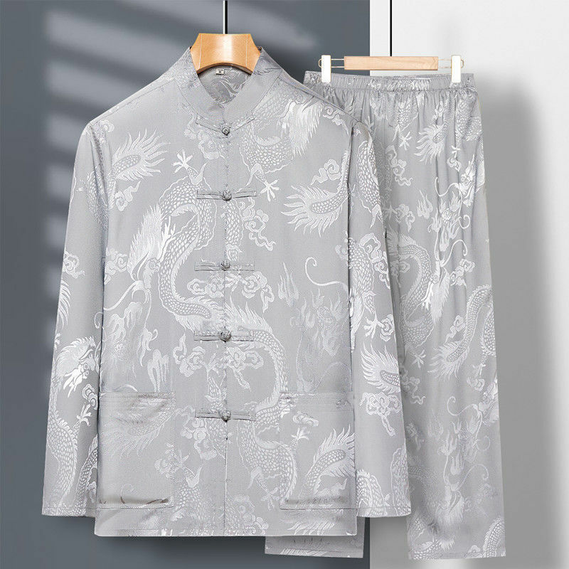 2024 Spring New Middle Aged Elderly Tang Suit Men's Long Sleeved Satin Dragon Kung Fu Chinese Plus Size Shirt Training Clothing