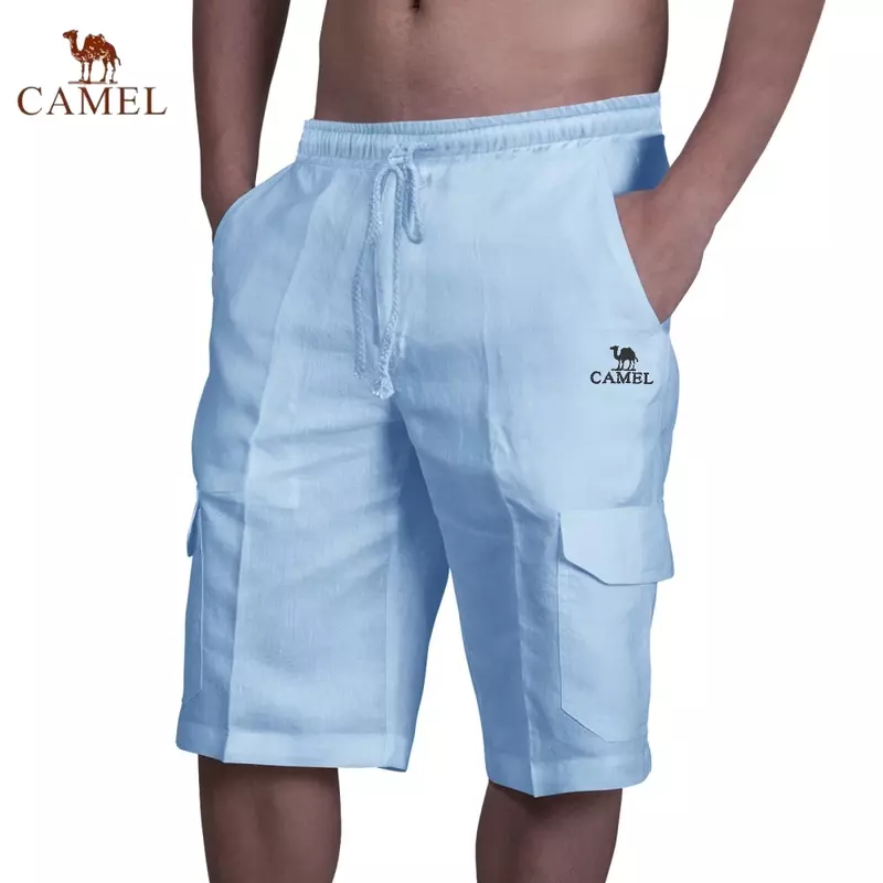 Pantalones cortos de lino y algodón puro para hombre, traje de baño informal, cómodo y transpirable, color CAMEL, bordado de gama alta, moda de verano