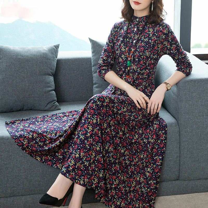 Falda larga estampada de manga larga para mujer, vestido adelgazante de estilo occidental de gama alta, reducción de edad, elegante, primavera y otoño, nuevo