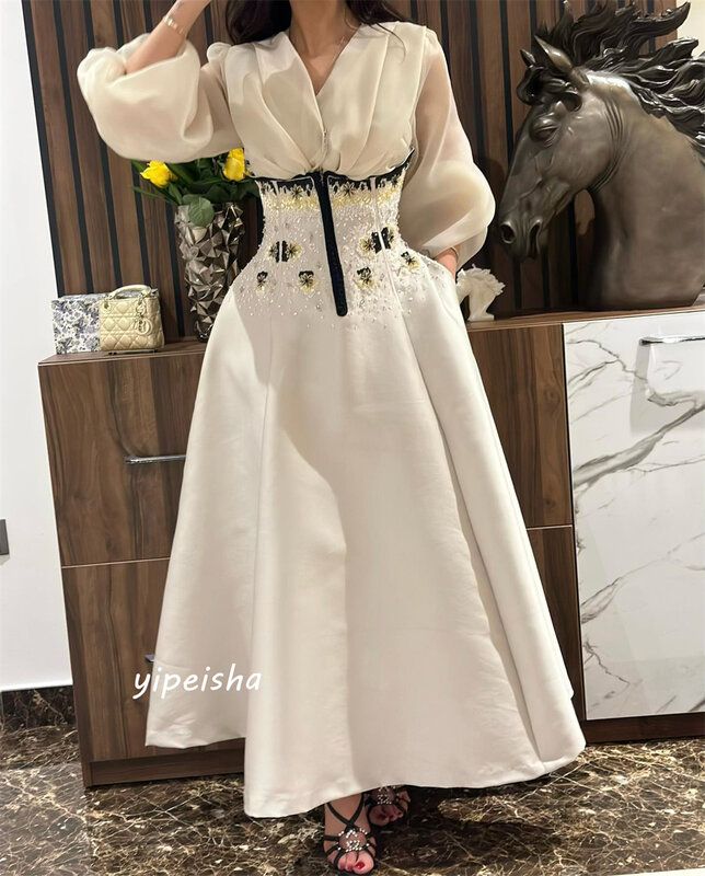 Jiayigong-A-Line vestido de cetim com drapeada, decote em v, manga comprida, vestidos drapeadas para casamento e festa, Arábia Saudita, ocasião sob medida