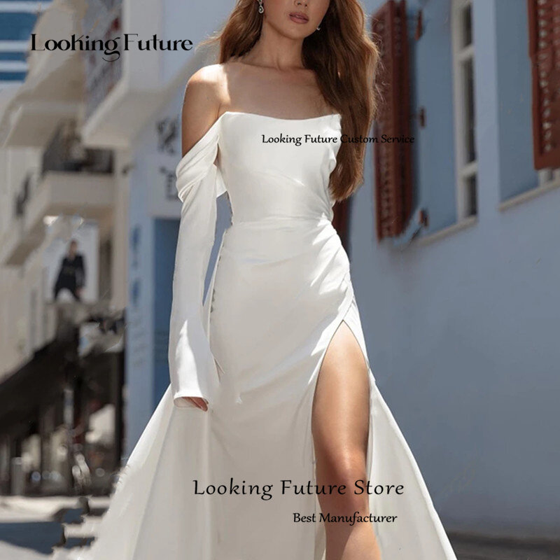 Vestido de novia blanco de sirena de satén elegante para mujer, hombros descubiertos, ilusión sin tirantes, largo, Espalda descubierta, abertura lateral alta