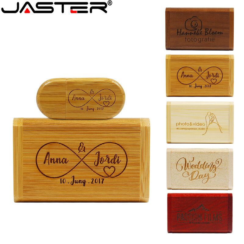 JASTER USB 2.0 flash drive 128GB, flash drive logo khusus kayu Walnut dengan kotak stik memori hadiah bisnis U disk