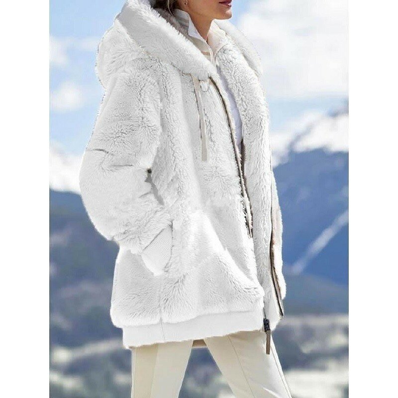 Parka feminina com capuz de pele sintética com zíper, outwear feminino inverno, jaqueta de pelúcia quente, casaco casual solto, retalhos, cores misturadas
