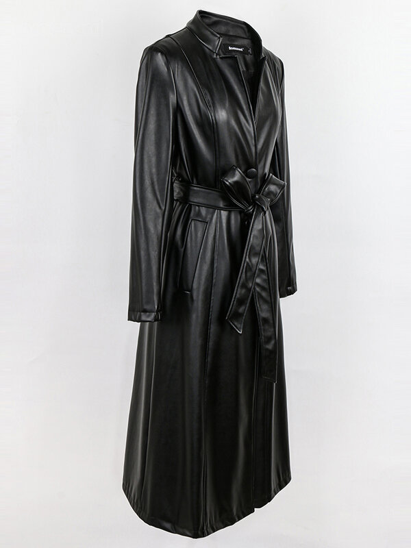 Nerazzurri 여성용 롱 블랙 핏 소프트 PU 가죽 코트, 싱글 브레스트, 고품질 럭셔리 의류, 2023 가을 용수철