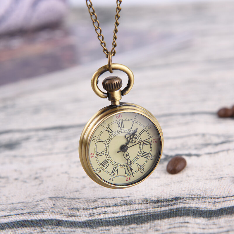Colar pingente pequeno relógio de bolso, estilo Steampunk, números romanos, mostrador bege, vintage simples, 1 conjunto