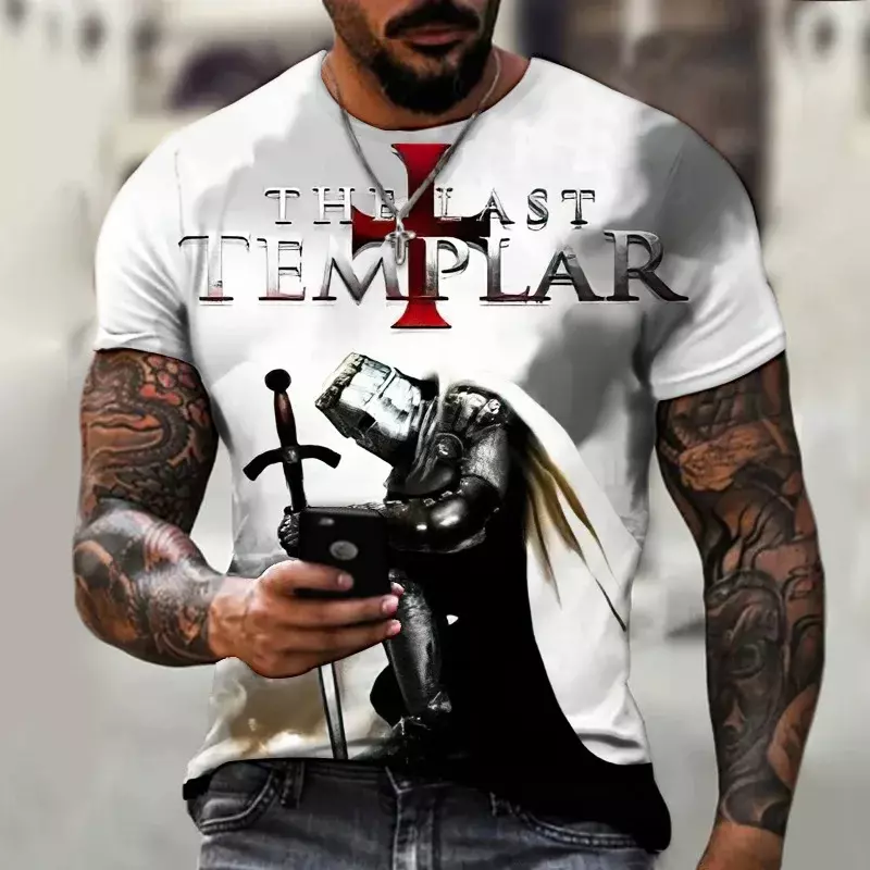 Men's Summer New Paladin3d Printed Templar Knight T-shirt Fashion Extra Large Cross Pattern Harajuku Street Clothing Top