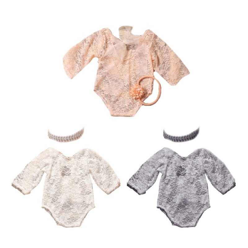 Baby Lace Romper dengan Headband Newborn Photography Props Backless Mesh Bodysuit for Baby Photoshoot Baby Outfit Set 1560